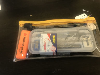 Show details for Exam stationery set including 2 black biros and a highlighter Picture of Exam stationery set including 2 black biros and a highlighter